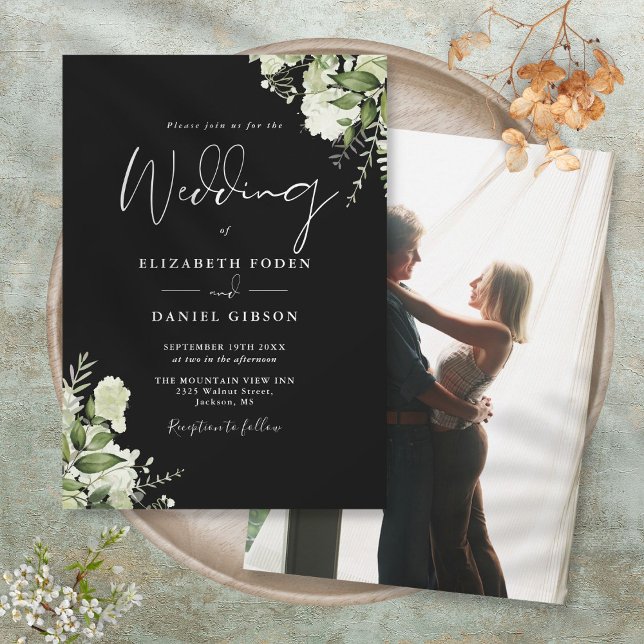 Invitación Blanco Negro Elegante Hojas de Verde Fotos Boda (Black White Elegant Greenery Leaves Photo Wedding Invitation)