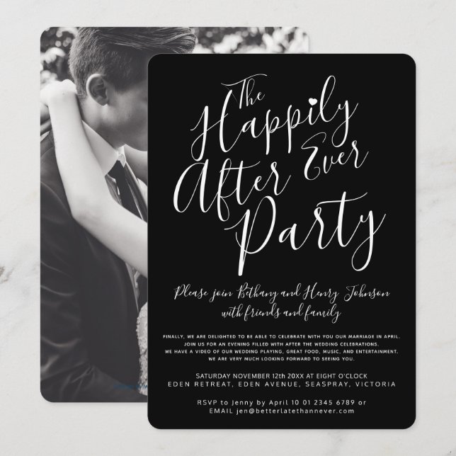 Invitación Blanco negro felizmente después de la fiesta de bo (Anverso / Reverso)