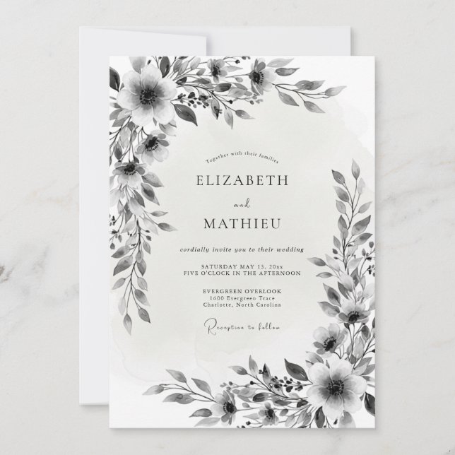 Invitación Blanco Negro Flor Romántica Boda (Anverso)