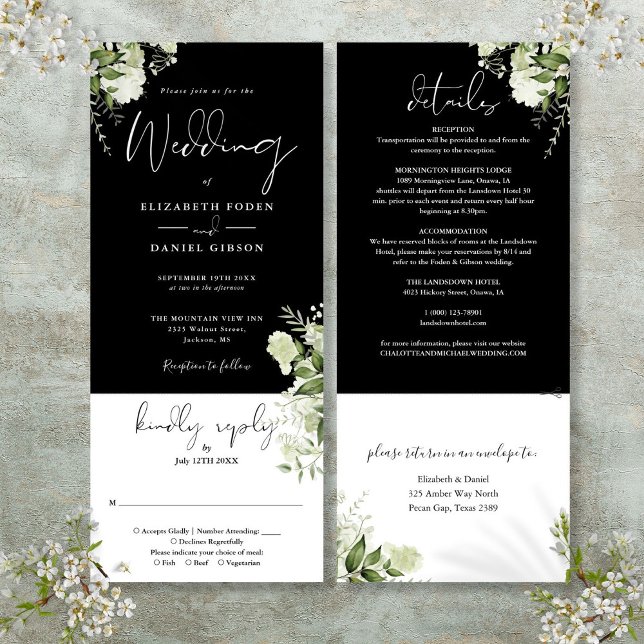 Invitación Blanco Negro Floral Botánico Todo En Uno Boda (Black White Botanical Floral All In One Wedding Invitation)