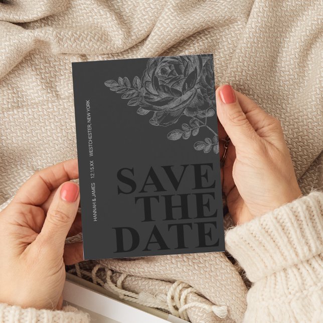 Invitación Blanco negro floral romántico salva la fecha (Subido por el creador)
