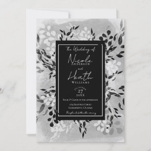 Invitación Blanco Negro Gris Floral Moderno Minimalista Boda