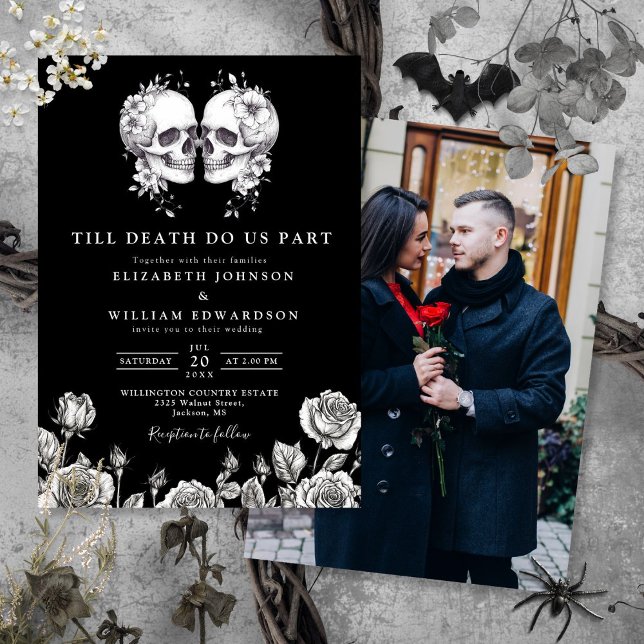 Invitación Blanco Negro Hasta la Muerte Cráneos Góticos Foto  (Black White Till Death Gothic Skulls Photo Wedding Invitation)