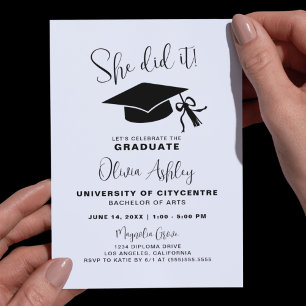 Invitación Blanco Negro Lo Hizo Graduación