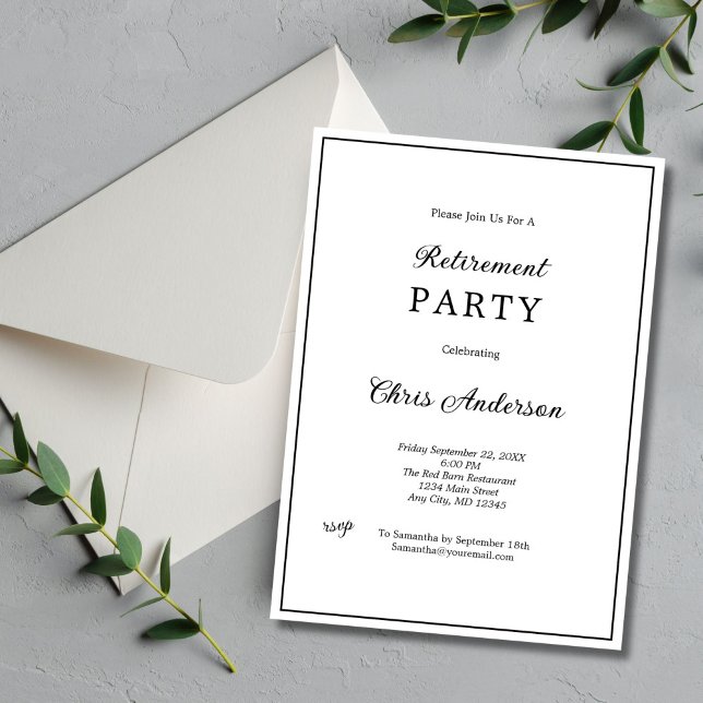 Invitación Blanco Negro Mínimo Simple Fiesta de Jubilación Mo (Black White Border minimalist simple elegant Retirement Party Invitation for him or her. Printed )