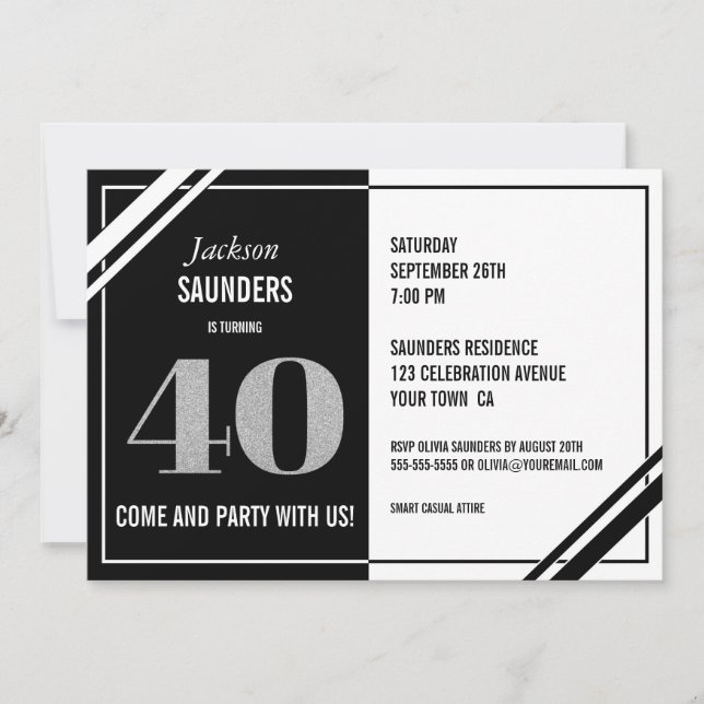 Invitación Blanco negro moderno 40.º Fiesta de cumpleaños (Anverso)