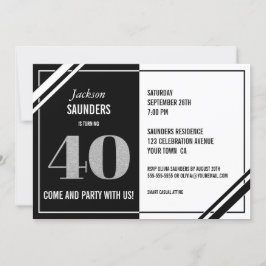 Invitación Blanco negro moderno 40.º Fiesta de cumpleaños