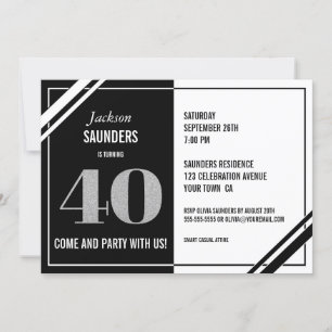 Invitación Blanco negro moderno 40.º Fiesta de cumpleaños