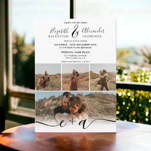 Invitación Blanco negro moderno 5 Fotos boda de guiones