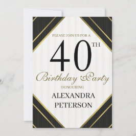 Invitación Blanco Negro Moderno Y Bandas De Oro Cumpleaños