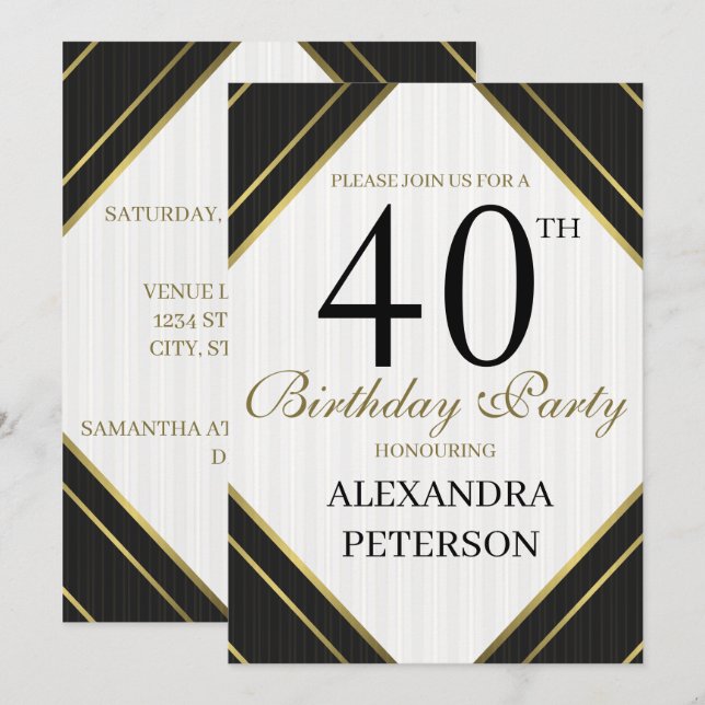 Invitación Blanco Negro Moderno Y Bandas De Oro Cumpleaños (Anverso / Reverso)