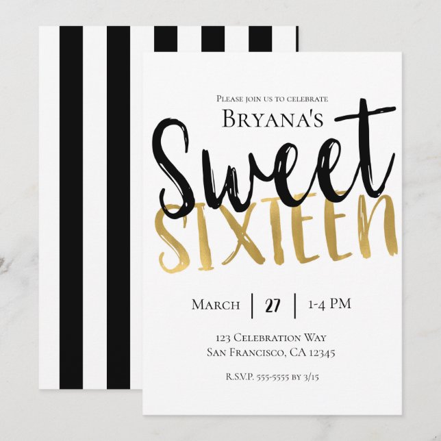 Invitación Blanco Negro Oro Moderno Dulce Fiesta de 16 Diecis (Anverso / Reverso)
