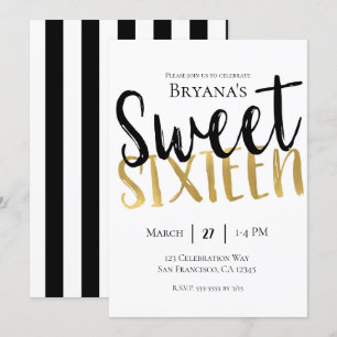 Invitación Blanco Negro Oro Moderno Dulce Fiesta de 16 Diecis