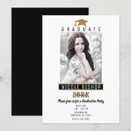 Invitación Blanco Negro Oro Moderno Fiesta de Fotos de Gradua