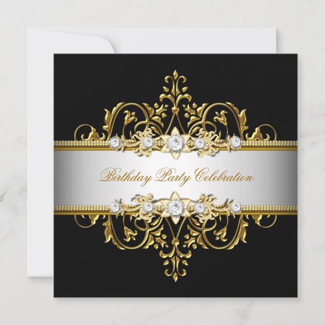 Invitación Blanco Negro Oro Plata Elegante Fiesta (Anverso)