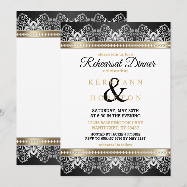 Invitación Blanco, negro, plata y oro - Cena de ensayo (Anverso / Reverso)