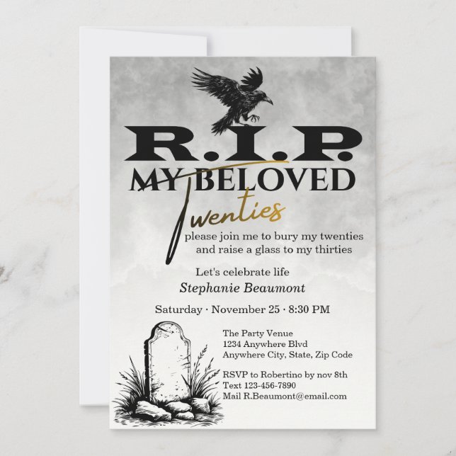 Invitación Blanco Negro RIP A Mis Veinte Cumpleaños 30 (Anverso)
