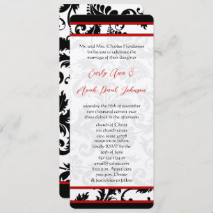 Invitación Blanco negro rojo 9x4 Damask Boda único