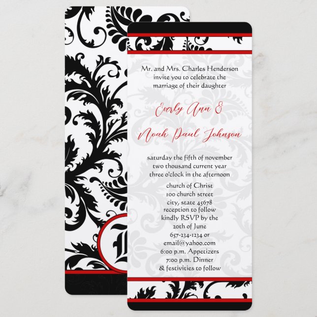Invitación Blanco negro rojo 9x4 Damask Boda único (Anverso / Reverso)