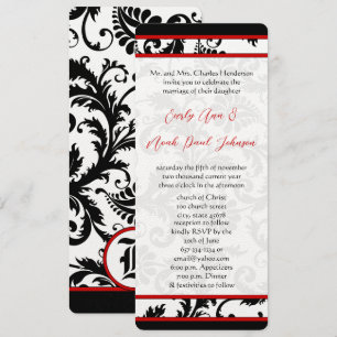 Invitación Blanco negro rojo 9x4 Damask Boda único