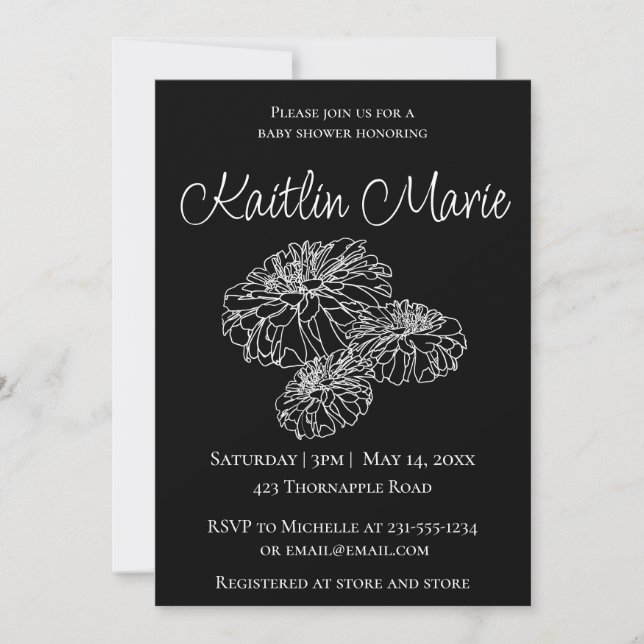 Invitación Blanco negro romántico moderno minimalista bebé fl (Anverso)