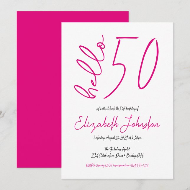 Invitación Blanco Negro Rosa Caliente Cumpleaños 50 Fabuloso (Anverso / Reverso)