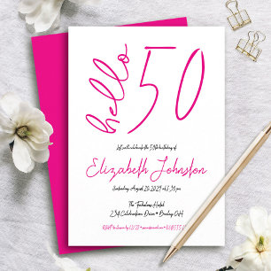 Invitación Blanco Negro Rosa Caliente Cumpleaños 50 Fabuloso