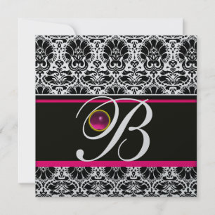 Invitación BLANCO NEGRO ROSA DAMASK MONOGRAM Amethyst Silver