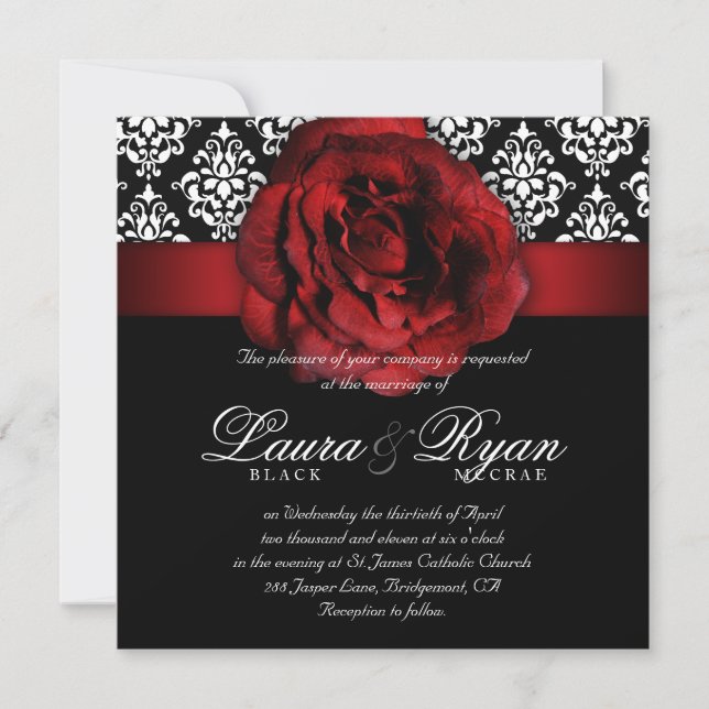 Invitación Blanco negro rosa rosa rojo elegante de la boda (Anverso)