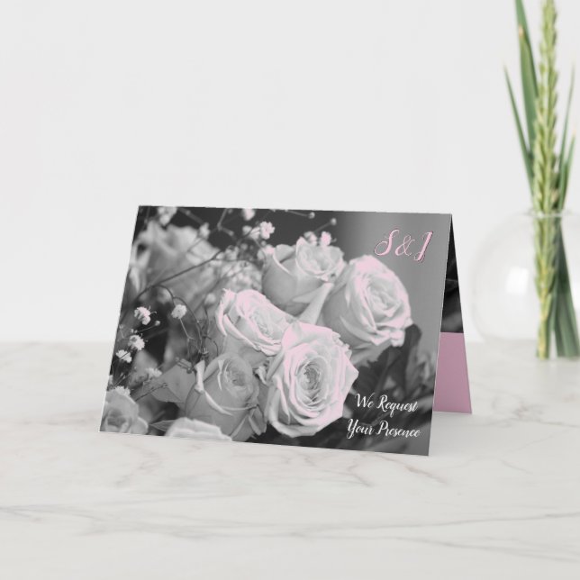 Invitación Blanco negro rosa y Boda gris (Anverso)