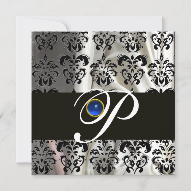 INVITACIÓN BLANCO NEGRO SEDA DAMASK MONOGRAM AZUL SAPPHIRE (Anverso)