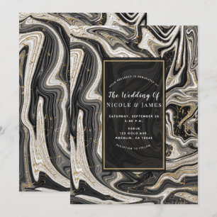 Invitación Blanco Negro y Dorado Chic Torbellino Moderno Boda