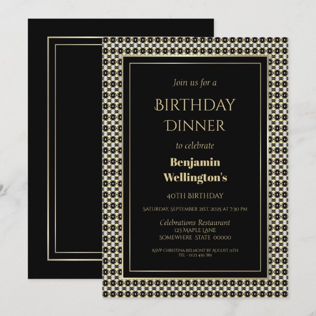 Invitación Blanco negro y oro 40° cumpleaños cena (Anverso / Reverso)