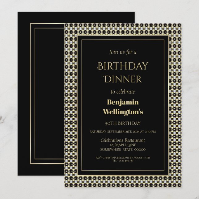Invitación Blanco negro y oro Cena de cumpleaños número 50 (Anverso / Reverso)