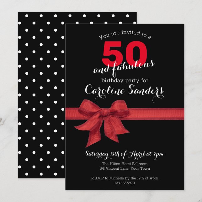 Invitación Blanco negro y rojo 50 y fabulosa fiesta de cumple (Anverso / Reverso)