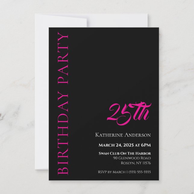 Invitación Blanco negro y rosa modernos y simple cumpleaños (Anverso)