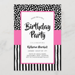 Invitación Blanco negro y rosa singulares cumpleaños