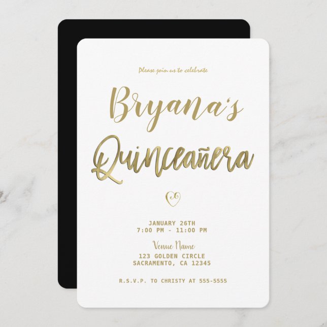 Invitación Blanco Oro y Negro Moderno Mínimo 15 Quinceañera (Anverso / Reverso)