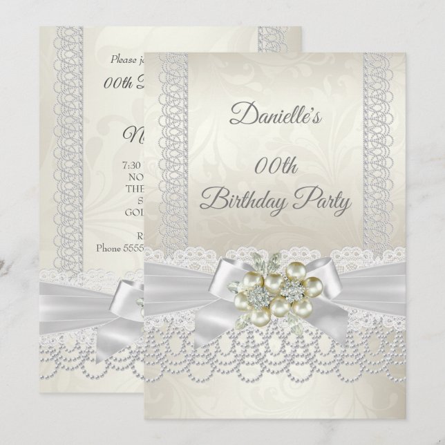 Invitación Blanco Perla Cumpleaños Encaje Damasco Diamante (Anverso / Reverso)