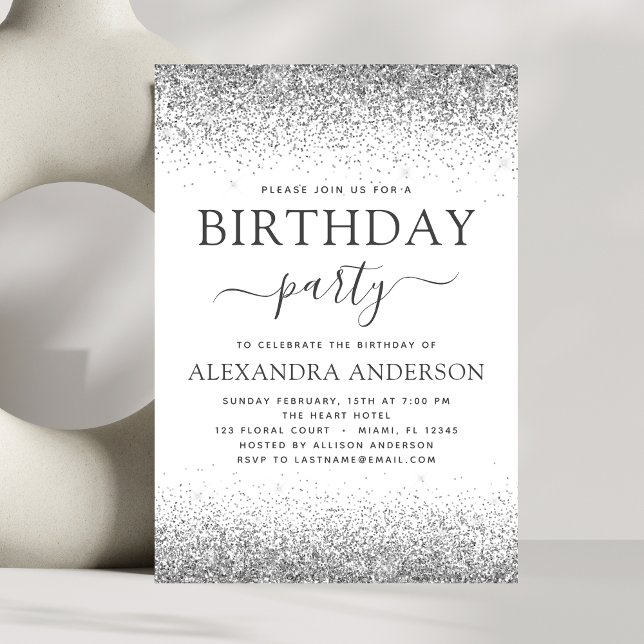 Invitación Blanco plateado Cualquier edad Purpurina de cumple (Subido por el creador)