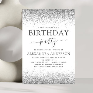 Invitación Blanco plateado Cualquier edad Purpurina de cumple