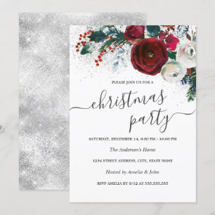 Invitación Blanco Plateado Rojo Floral Navidad Fiesta