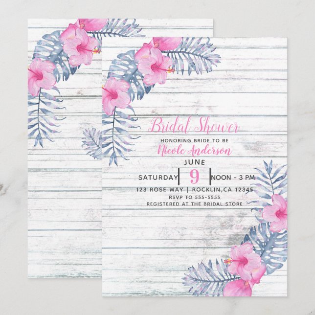 Invitación Blanco Playero Madera Tropical Flores de Hibisco F (Anverso / Reverso)