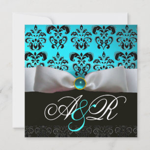 INVITACIÓN BLANCO RIBBON BLUE TURQUASE NEGRO DAMASK MONOGRAM