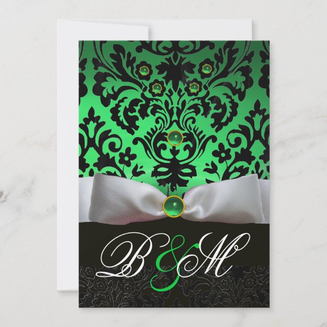 INVITACIÓN BLANCO RIBBON EMERALD GREEN BLACK DAMASK MONOGRAM (Anverso)