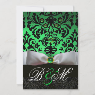 INVITACIÓN BLANCO RIBBON EMERALD GREEN BLACK DAMASK MONOGRAM