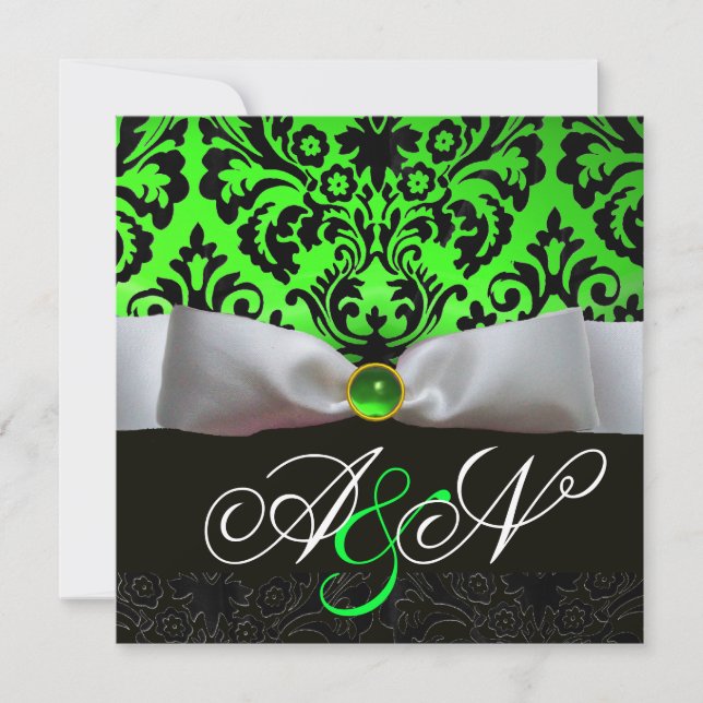 INVITACIÓN BLANCO RIBBON EMERALD GREEN BLACK DAMASK MONOGRAM (Anverso)