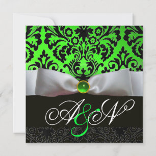INVITACIÓN BLANCO RIBBON EMERALD GREEN BLACK DAMASK MONOGRAM