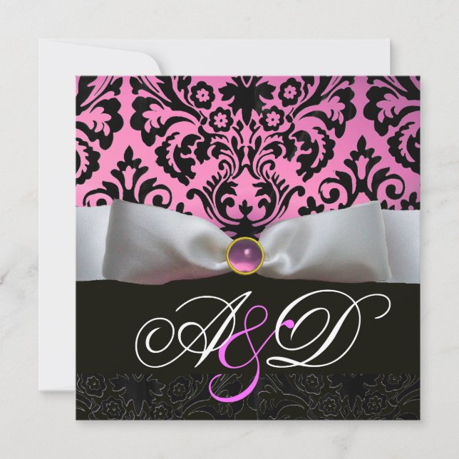 INVITACIÓN BLANCO RIBBON PINK LILAC BLACK DAMASK MONOGRAM (Anverso)