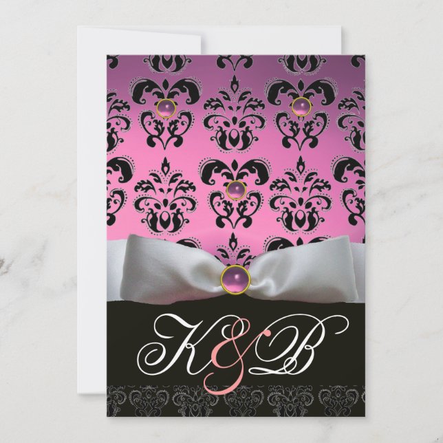 INVITACIÓN BLANCO RIBBON PINK LILAC BLACK DAMASK MONOGRAM (Anverso)